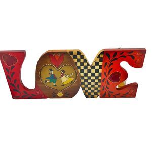 Love Folk Art Wall Hanging Vintage Wood Tole Hand Painted 1981 by Sari Repaired